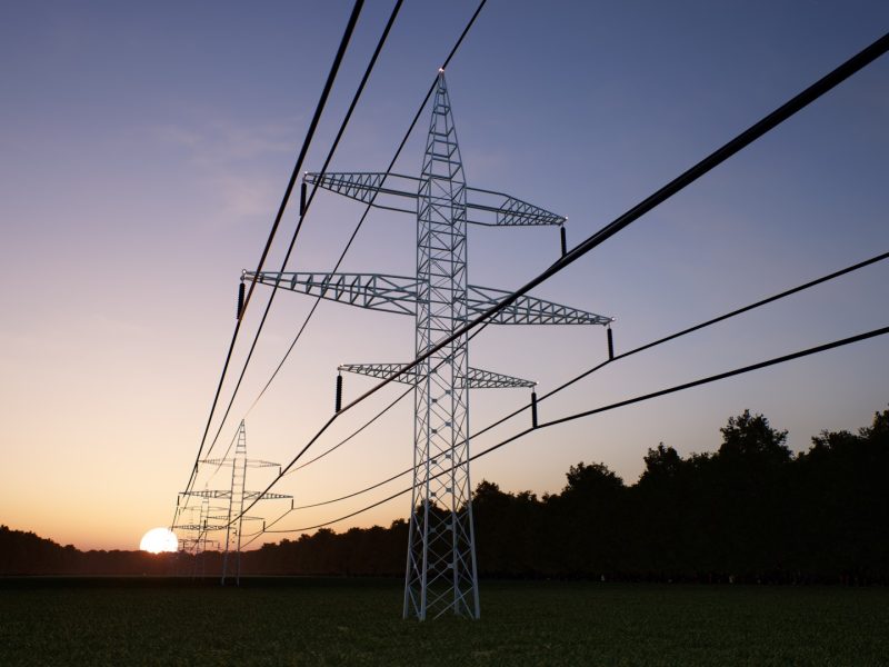 Industrial energy tower with overhead power lines over sunset horizon sky. Renewable sources electricity travelling inside web of interconnected electric cables, 3D render animation